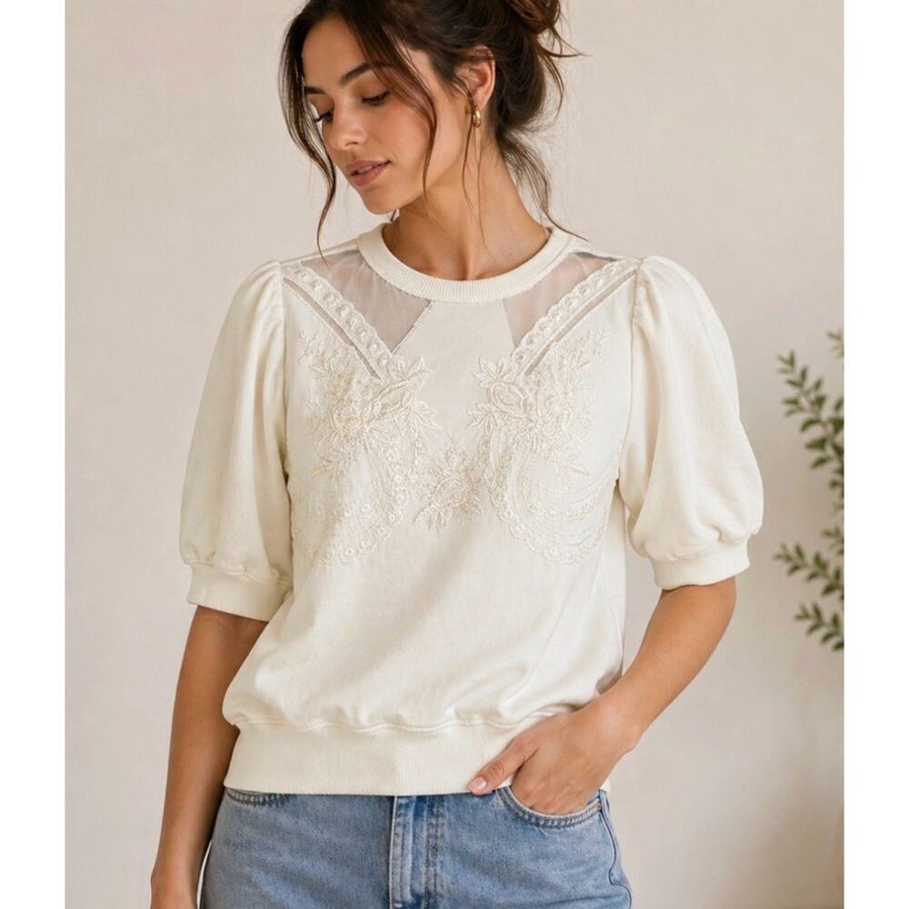 New Jason Wu Puff-Sleeve Embellished Elbow-Sleeve Sweatshirt